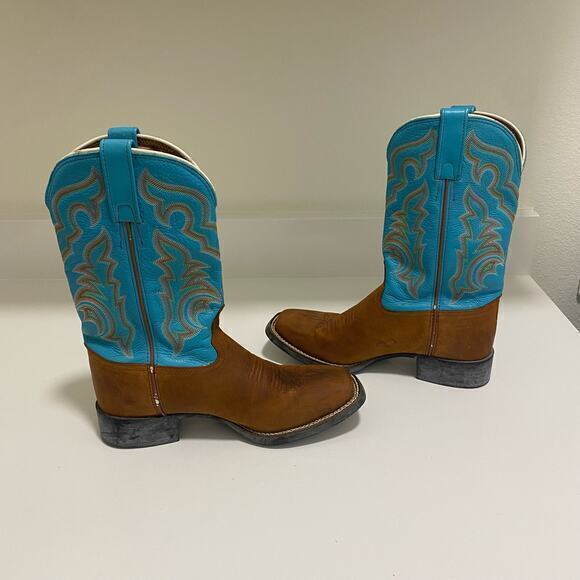 Tony Lama Brown and Blue Ankle Boots with Western Flair - Picture 5 of 10